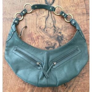 EUC Hobo International Hunter Green leather Moon Shape Gold Ring Baguette Purse 